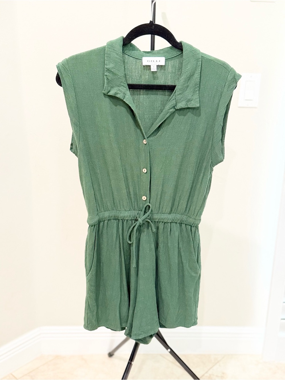 Gilli Green Sleeveless Button-Front Romper with Drawstring Waist Earthy Granola